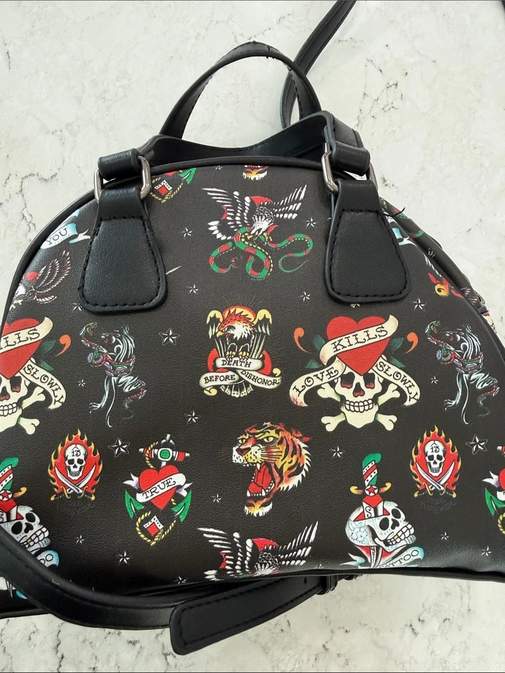 Ed Hardy Y2K Tattoo Flash Dome Satchel Crossbody Bag Black Skull Hardware